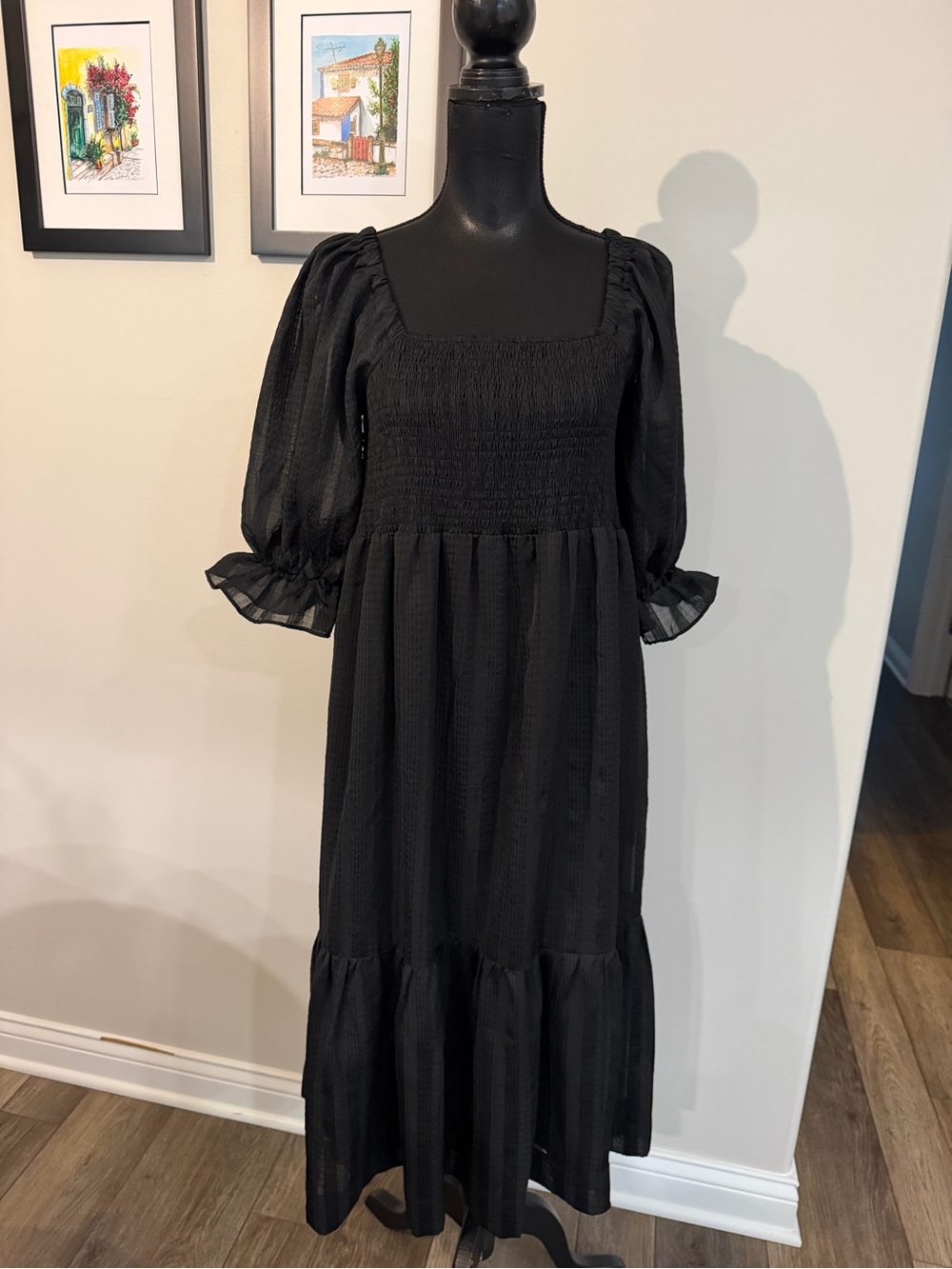 Madewell Women’s Black Smocked Midi Dress with Puff Sleeves M